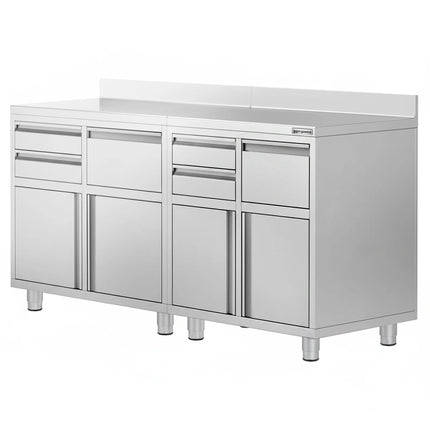 GGM Gastro Commercial Stainless Steel Coffee Station & Worktop Floor Cupboard - for Coffee Machine  - 1800x600mm - with 4 Drawers, 2 Doors, 2 Tilting Knockout Drawers - with Rear Upstand