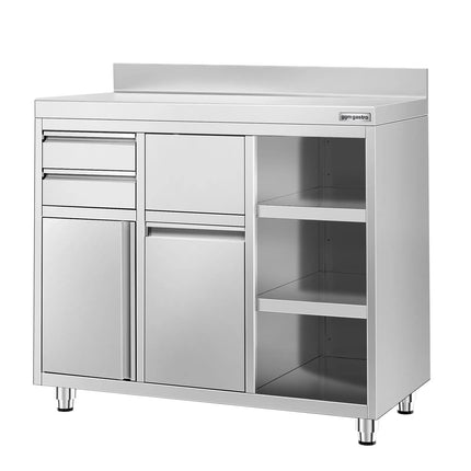 GGM Gastro Commercial Stainless Steel Coffee Station & Worktop Floor Cupboard  - for Coffee Machine - 1200x600mm - Hinged Door - Upstand - 2 Drawers - Waste Chute - Tilt-out Waste Bin - Adjustable Shelves on the Right Side