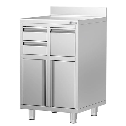 GGM Gastro Commercial Stainless Steel Coffee Station & Worktop Floor Cupboard - for Coffee Machine  - 600x600mm - with 2 Drawers, 1 Door, 1 Tilting Knockout Drawer - with Rear Upstand