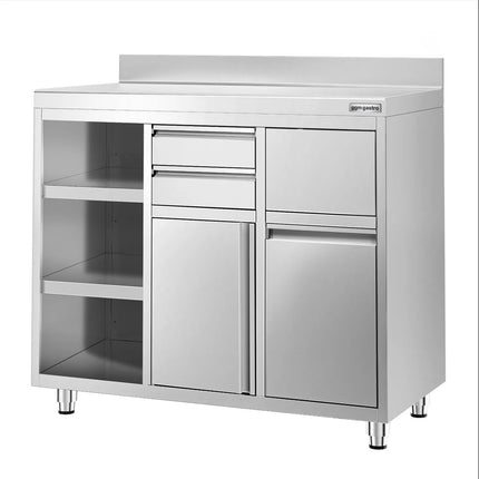 GGM Gastro Commercial Stainless Steel Coffee Station & Worktop Floor Cupboard - for Coffee Machine - 1200x600mm - Hinged Door - Upstand - 2 Drawers - Waste Chute - Tilt-out Waste Bin - Adjustable Shelves on the Left Side