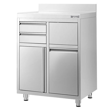 GGM Gastro Commercial Stainless Steel Coffee Station & Worktop Floor Cupboard - for Coffee Machine - 800x600mm - Hinged Door - Upstand - 2 Drawers - Waste Chute - Tilt-out Waste Bin