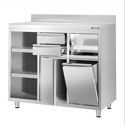 GGM Gastro Commercial Stainless Steel Coffee Station & Worktop Floor Cupboard - for Coffee Machine - 1200x600mm - Hinged Door - Upstand - 2 Drawers - Waste Chute - Tilt-out Waste Bin - Adjustable Shelves on the Left Side
