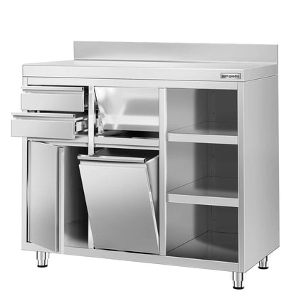 GGM Gastro Commercial Stainless Steel Coffee Station & Worktop Floor Cupboard  - for Coffee Machine - 1200x600mm - Hinged Door - Upstand - 2 Drawers - Waste Chute - Tilt-out Waste Bin - Adjustable Shelves on the Right Side
