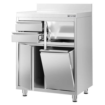 GGM Gastro Commercial Stainless Steel Coffee Station & Worktop Floor Cupboard - for Coffee Machine - 800x600mm - Hinged Door - Upstand - 2 Drawers - Waste Chute - Tilt-out Waste Bin