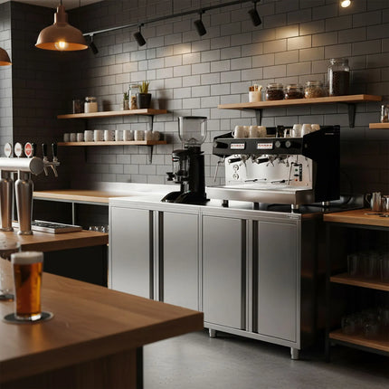 GGM Gastro Commercial Stainless Steel Coffee Station & Worktop Floor Cupboard - for Coffee Machine - 2000x600mm - with 4 Double Doors - with Rear Upstand