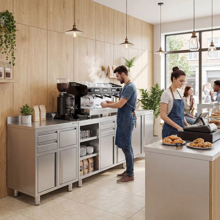 GGM Gastro Commercial Stainless Steel Coffee Station & Worktop Floor Cupboard - for Coffee Machine  - 800x600mm - with Double Doors & Upstand