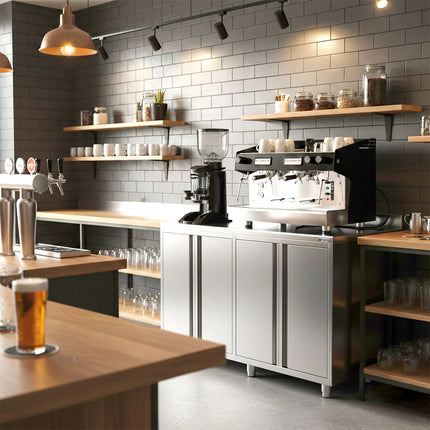 GGM Gastro Commercial Stainless Steel Coffee Station & Worktop Floor Cupboard  - for Coffee Machine - 1400x600mm - with 4 Double Doors - with Rear Upstand