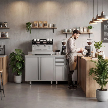 GGM Gastro Commercial Stainless Steel Coffee Station & Worktop Floor Cupboard- for Coffee Machine  - for Coffee Machine - 1000x600mm - with 2 Double Doors - with Rear Upstand