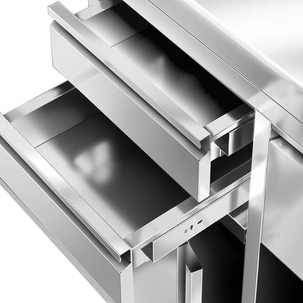 GGM Gastro Commercial Stainless Steel Coffee Station & Worktop Floor Cupboard - for Coffee Machine - 2000x600mm - with 4 Drawers, 4 Doors, 2 Tilting Knockout Drawers - with Rear Upstand