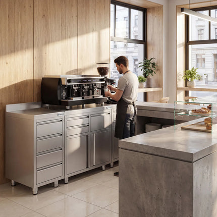 GGM Gastro Commercial Stainless Steel Coffee Station & Worktop Floor Cupboard  - for Coffee Machine - 800x600mm - with 2 Drawers & Double Doors & Upstand