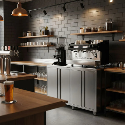 GGM Gastro Commercial Stainless Steel Coffee Station & Worktop Floor Cupboard  - for Coffee Machine - 1200x600mm - with 2 Double Doors - with Rear Upstand