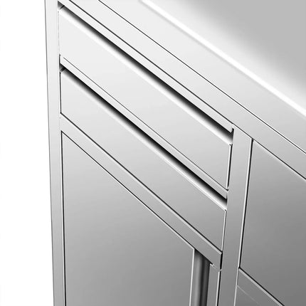 GGM Gastro Commercial Stainless Steel Coffee Station & Worktop Floor Cupboard - for Coffee Machine  - 1400x600mm - with 4 Drawers, 2 Doors, 2 Tilting Knockout Drawers - with Rear Upstand