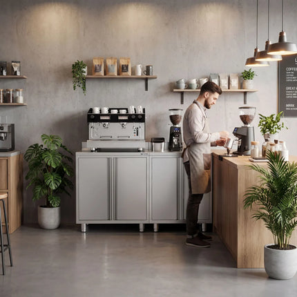 GGM Gastro Commercial Stainless Steel Coffee Station & Worktop Floor Cupboard - for Coffee Machine - 1800x600mm - with 2 Double Doors - with Rear Upstand