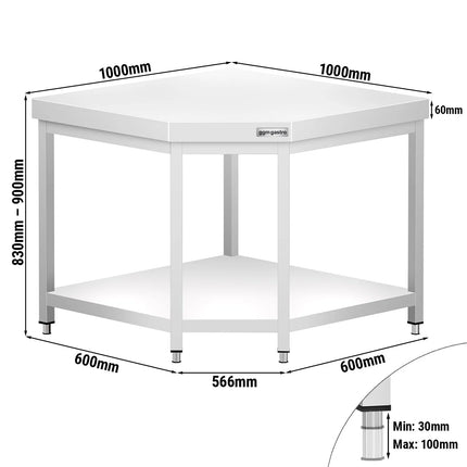 GGM Gastro Commercial Stainless Steel Corner Table PREMIUM - 1000x600mm - with Undershelf - with Cross Bracing