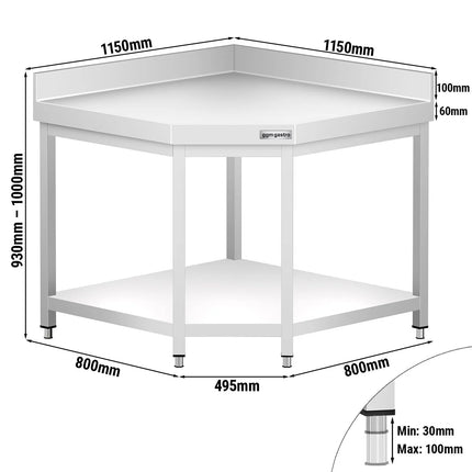 GGM Gastro Commercial Stainless Steel Corner Table PREMIUM - 1150x800mm - with Undershelf - with Rear Upstand