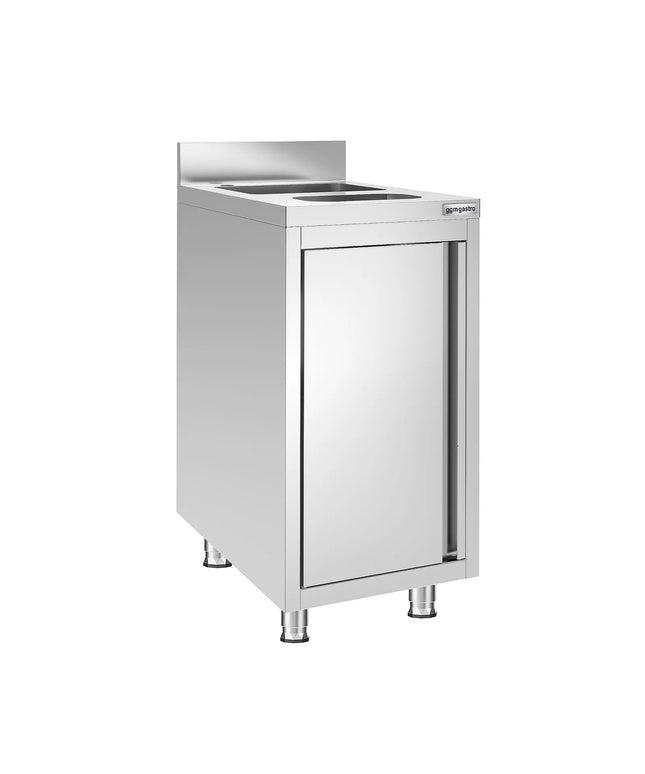 GGM Gastro Commercial Stainless Steel Hand Wash Sink Cabinet - 400x600 mm - Base Cupboard - 1 Sink - Built-in Waste Chute - 1 Waste Bin - Rear Upstand