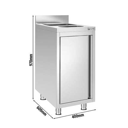 GGM Gastro Commercial Stainless Steel Hand Wash Sink Cabinet - 400x600 mm - Base Cupboard - 1 Sink - Built-in Waste Chute - 1 Waste Bin - Rear Upstand