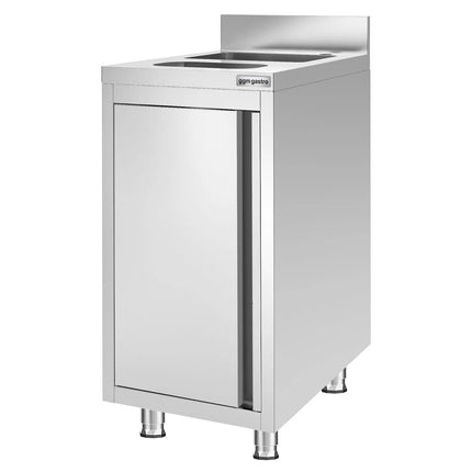 GGM Gastro Commercial Stainless Steel Hand Wash Sink Cabinet - 400x600 mm - Base Cupboard - 1 Sink - Built-in Waste Chute - 1 Waste Bin - Rear Upstand