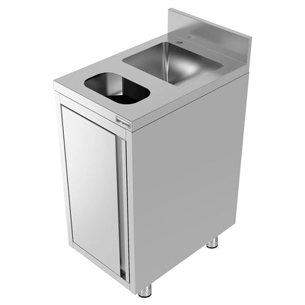 GGM Gastro Commercial Stainless Steel Hand Wash Sink Cabinet - 400x600 mm - Base Cupboard - 1 Sink - Built-in Waste Chute - 1 Waste Bin - Rear Upstand