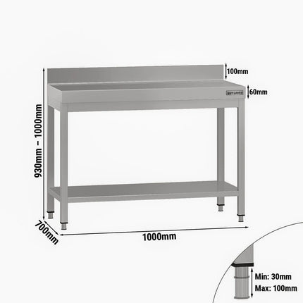 GGM Gastro Commercial Stainless Steel Table with Upstand ECO - 1000x700mm - with Undershelf - with Rear Upstand - with Cross Bracing