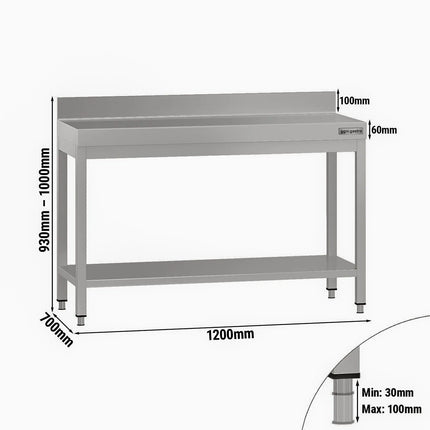 GGM Gastro Commercial Stainless Steel Table with Upstand ECO - 1200x700mm - with Undershelf - with Rear Upstand