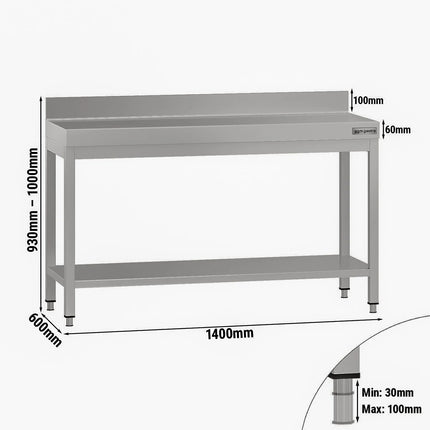 GGM Gastro Commercial Stainless Steel Table with Upstand ECO - 1400x600mm - with Undershelf - with Rear Upstand