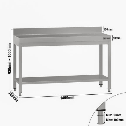 GGM Gastro Commercial Stainless Steel Table with Upstand ECO - 1400x700mm - with Undershelf - with Rear Upstand