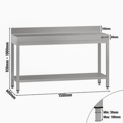 GGM Gastro Commercial Stainless Steel Table with Upstand ECO - 1500x600mm - with Undershelf - with Rear Upstand - with Cross Bracing