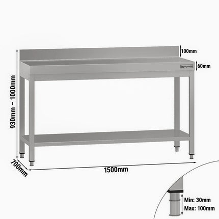 GGM Gastro Commercial Stainless Steel Table with Upstand ECO - 1500x700mm - with Undershelf - with Rear Upstand