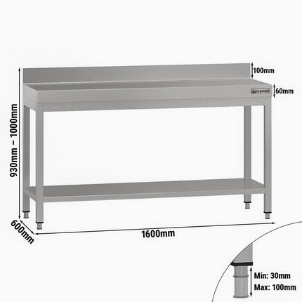 GGM Gastro Commercial Stainless Steel Table with Upstand ECO - 1600x600mm - with Undershelf - with Rear Upstand
