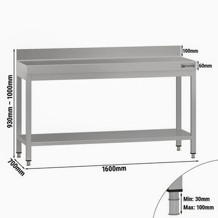 GGM Gastro Commercial Stainless Steel Table with Upstand ECO - 1600x700mm - with Undershelf - with Rear Upstand