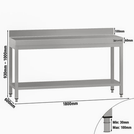 GGM Gastro Commercial Stainless Steel Table with Upstand ECO - 1800x600mm - with Undershelf - with Rear Upstand