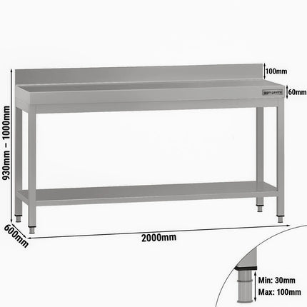 GGM Gastro Commercial Stainless Steel Table with Upstand ECO - 2000x600mm - with Undershelf - with Rear Upstand - with Cross Bracing