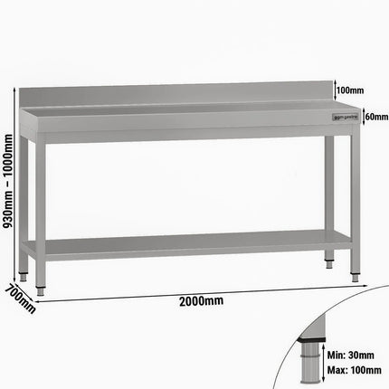 GGM Gastro Commercial Stainless Steel Table with Upstand ECO - 2000x700mm - with Undershelf - with Rear Upstand
