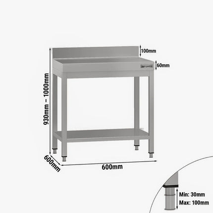 GGM Gastro Commercial Stainless Steel Table with Upstand ECO - 600x600mm - with Undershelf - with Rear Upstand