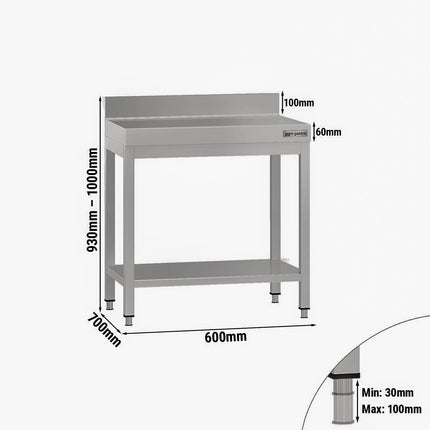 GGM Gastro Commercial Stainless Steel Table with Upstand ECO - 600x700mm - with Undershelf - with Rear Upstand
