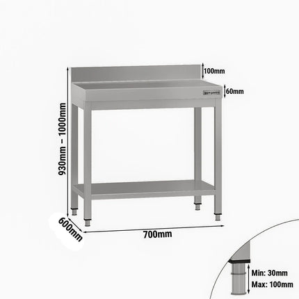 GGM Gastro Commercial Stainless Steel Table with Upstand ECO - 700x600mm - with Undershelf - with Rear Upstand