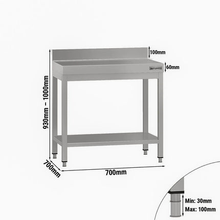 GGM Gastro Commercial Stainless Steel Table with Upstand ECO - 700x700mm - with Undershelf - with Rear Upstand