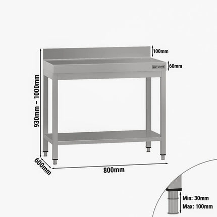 GGM Gastro Commercial Stainless Steel Table with Upstand ECO - 800x600mm - with Undershelf - with Rear Upstand