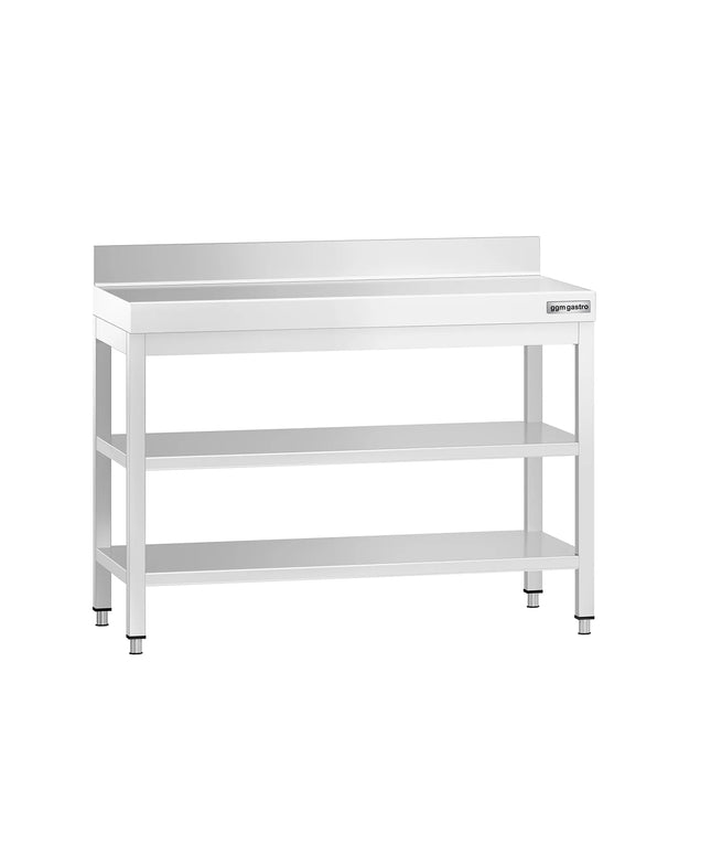 GGM Gastro Commercial Stainless Steel Table with Upstand PREMIUM - 1000x600mm - with Undershelf - with Rear Upstand - with 2 Undershelves