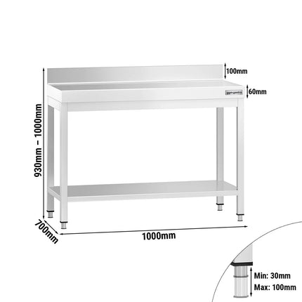 GGM Gastro Commercial Stainless Steel Table with Upstand PREMIUM - 1000x700mm - with Undershelf - with Rear Upstand - with Cross Bracing