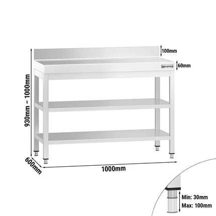 GGM Gastro Commercial Stainless Steel Table with Upstand PREMIUM - 1000x600mm - with Undershelf - with Rear Upstand - with 2 Undershelves
