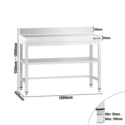 GGM Gastro Commercial Stainless Steel Table with Upstand PREMIUM - 1000x600mm - with Undershelf - with Rear Upstand - with Cross Bracing
