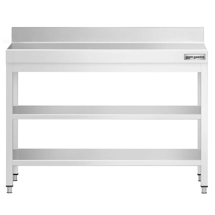 GGM Gastro Commercial Stainless Steel Table with Upstand PREMIUM - 1000x700mm - with Undershelf - with Rear Upstand - with Additional Undershelf (mid-shelf)
