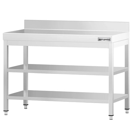 GGM Gastro Commercial Stainless Steel Table with Upstand PREMIUM - 1000x800mm - with Undershelf - with Rear Upstand - with 2 Undershelves - with Cross Bracing