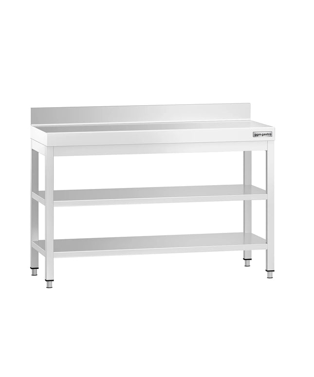 GGM Gastro Commercial Stainless Steel Table with Upstand PREMIUM - 1200x800mm - with Undershelf - with Rear Upstand - with 2 Undershelves - with Additional Undershelf (mid-shelf) - with Cross Bracing