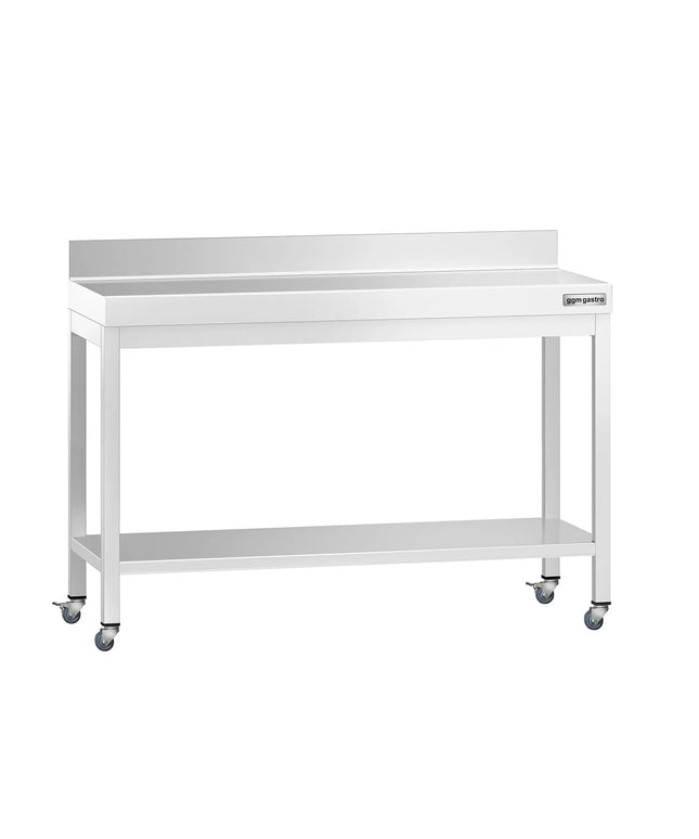 GGM Gastro Commercial Stainless Steel Table with Upstand PREMIUM - 1200x700mm - with Undershelf - with Rear Upstand - with Additional Undershelf (mid-shelf)