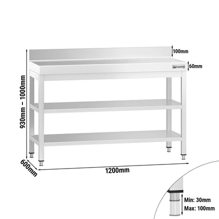 GGM Gastro Commercial Stainless Steel Table with Upstand PREMIUM - 1200x600mm - with Undershelf - with Additional Undershelf (mid-shelf)