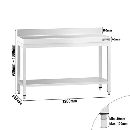 GGM Gastro Commercial Stainless Steel Table with Upstand PREMIUM - 1200x600mm - with Undershelf