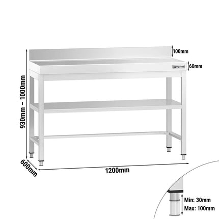 GGM Gastro Commercial Stainless Steel Table with Upstand PREMIUM - 1200x600mm - with Undershelf - with Rear Upstand - with Additional Undershelf (mid-shelf) - with Cross Bracing